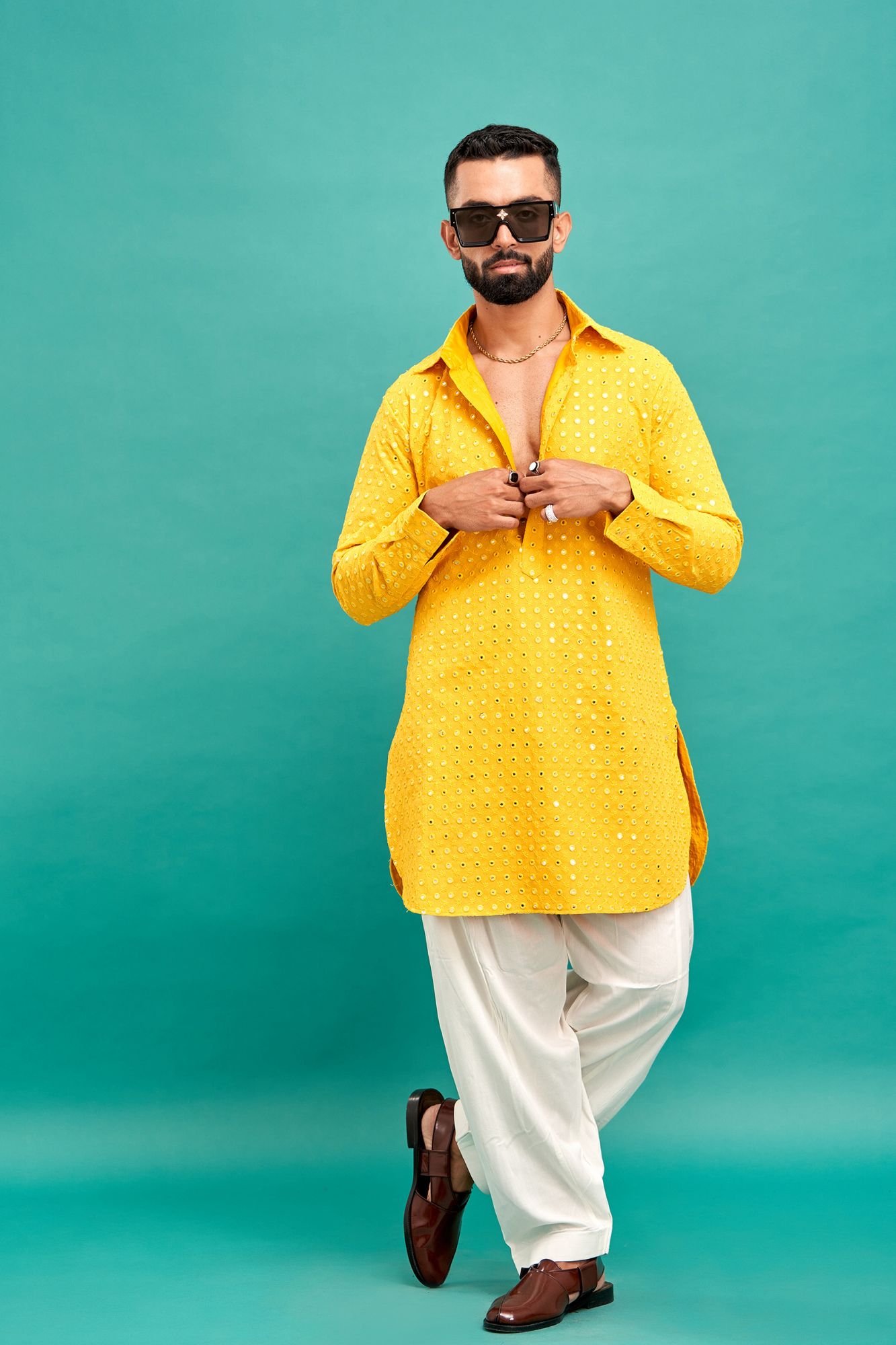 Mirror Work Kurta In Yellow
