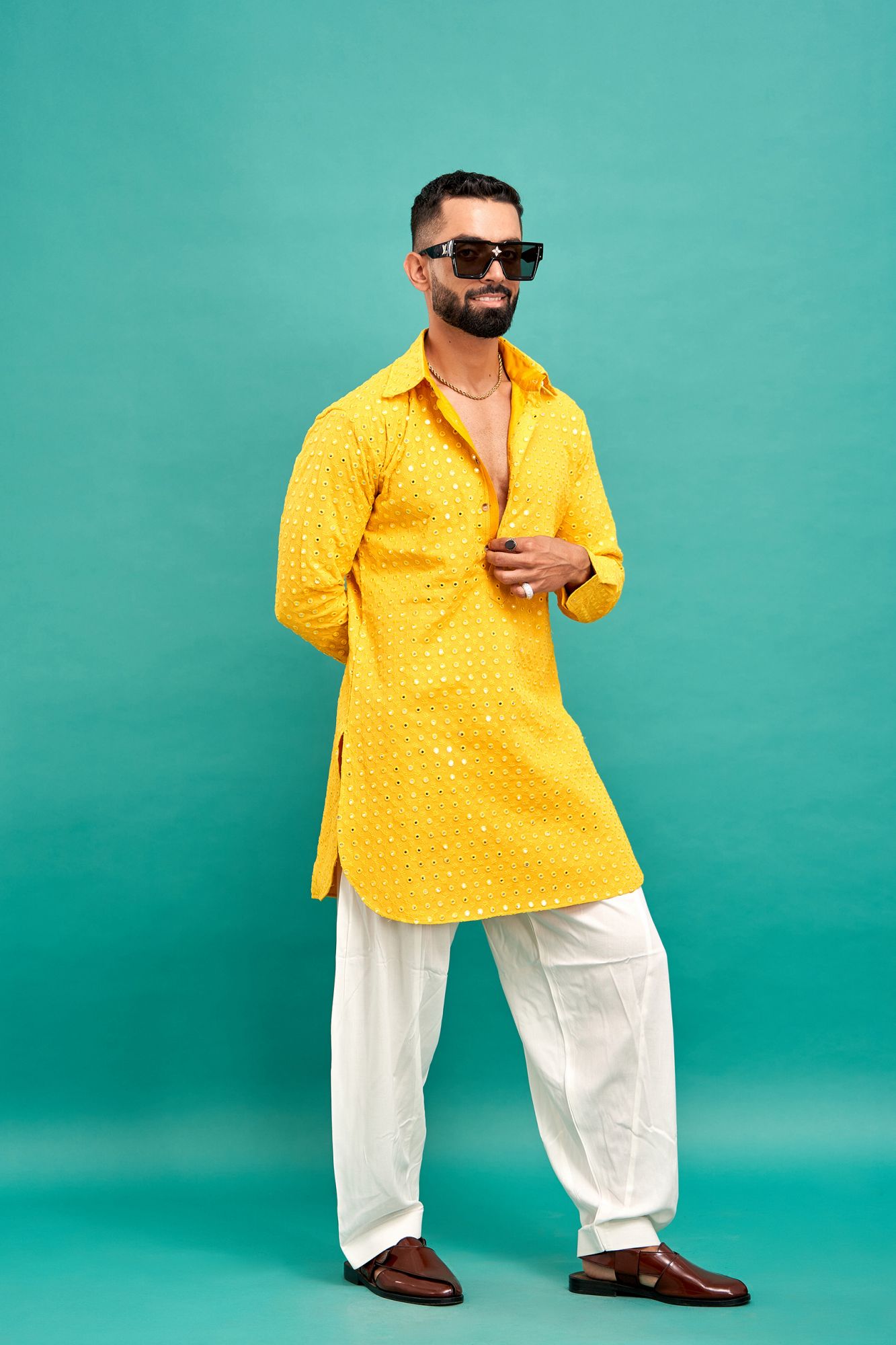 Mirror Work Kurta In Yellow