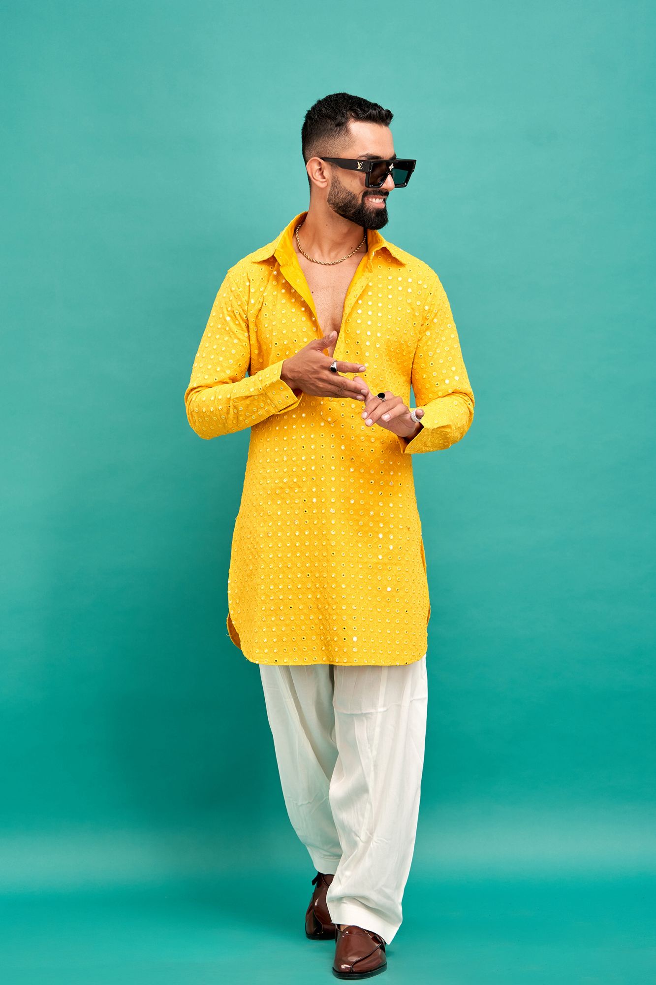 Mirror Work Kurta In Yellow