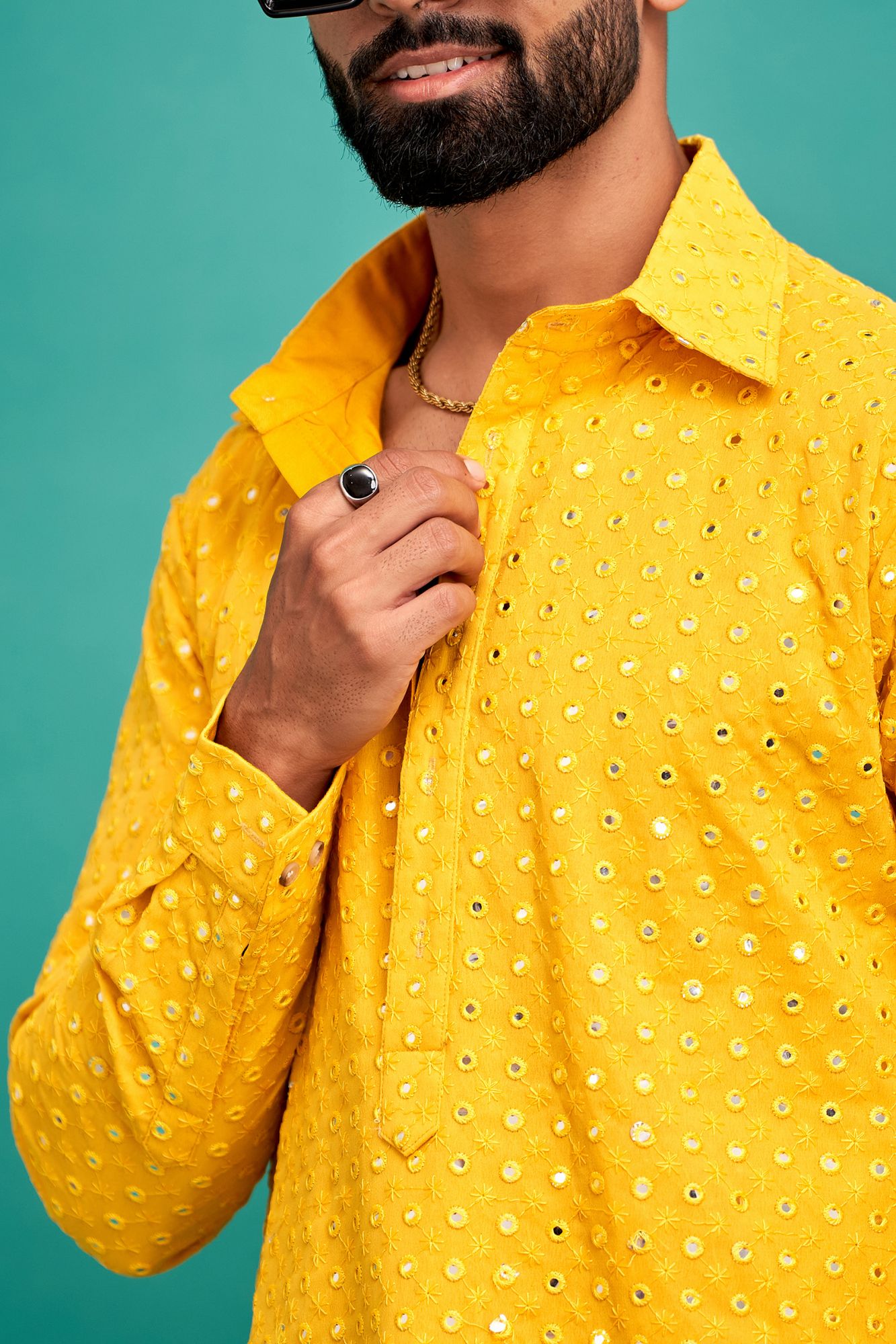 Mirror Work Kurta In Yellow