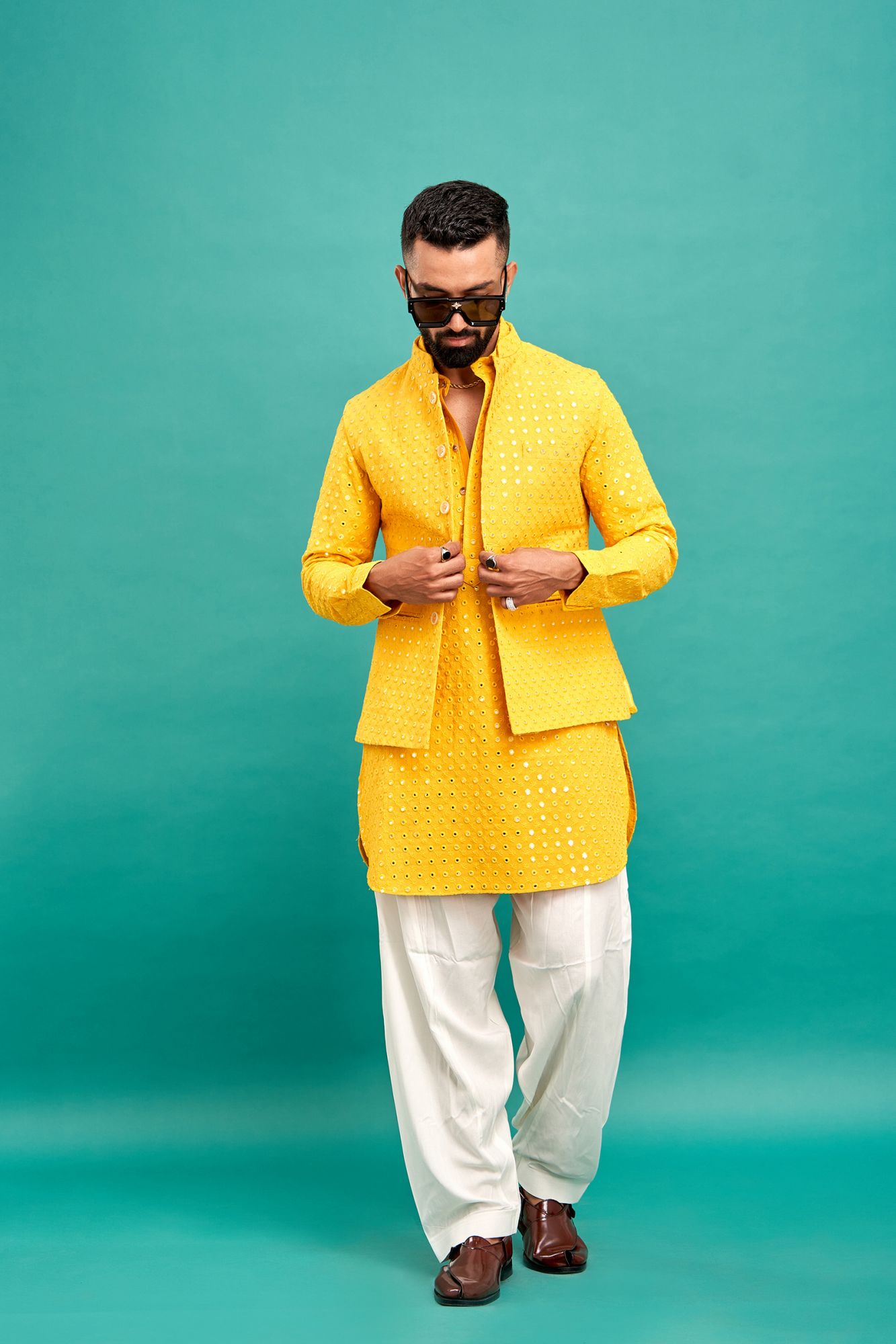 Mirror Work Kurta In Yellow