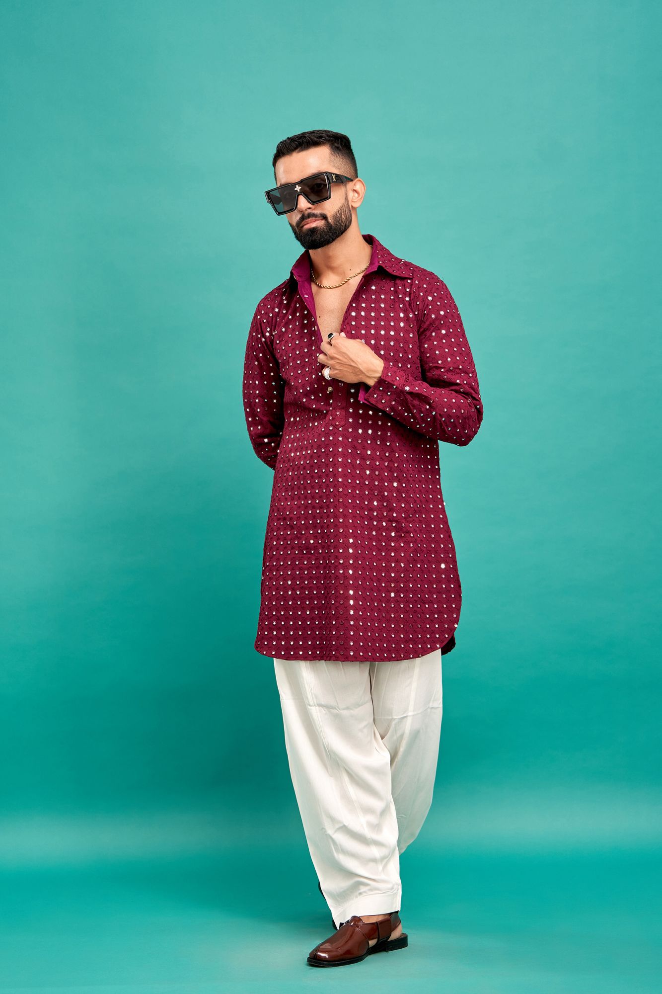 Mirror Work Kurta In Wine