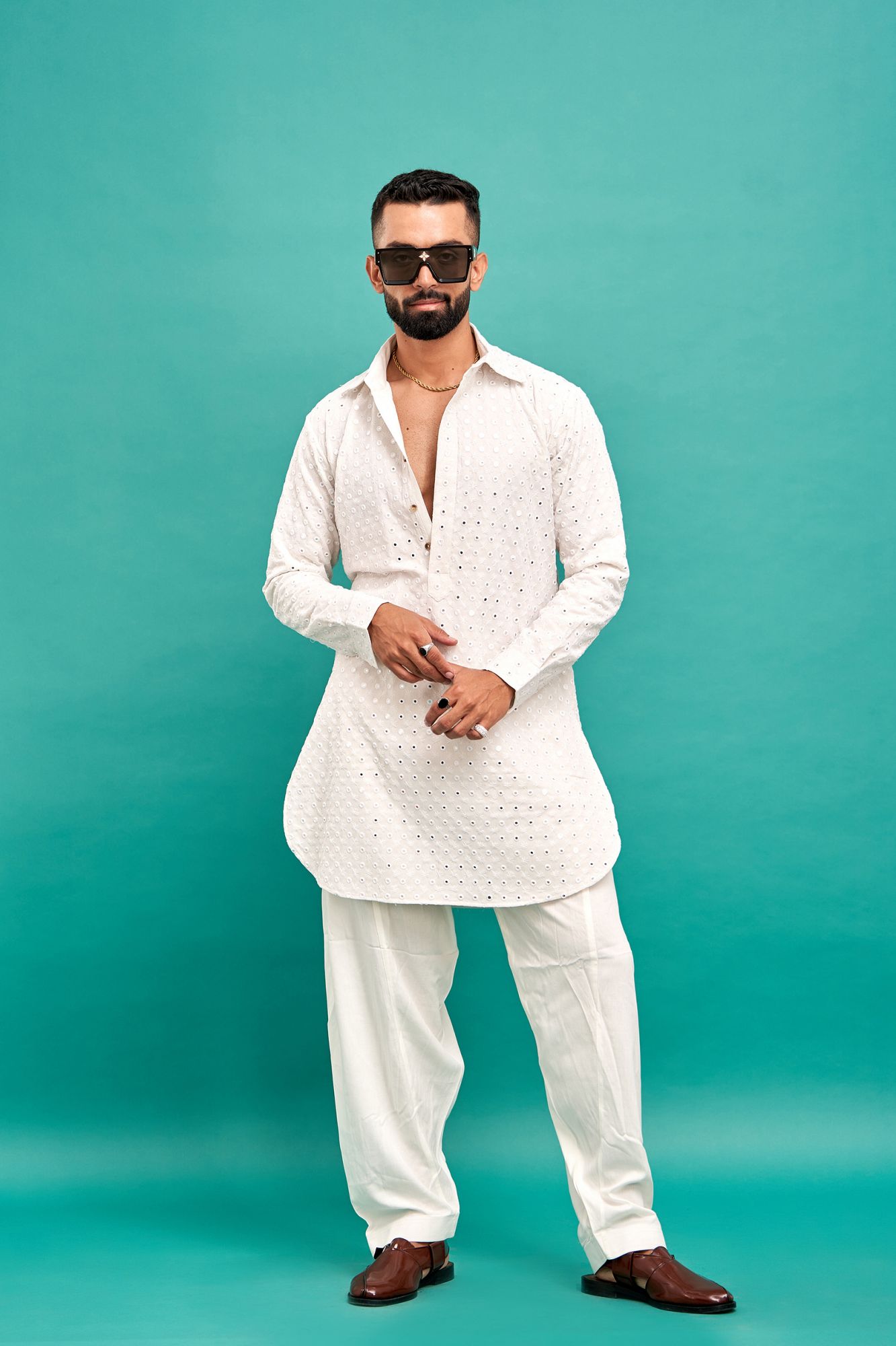 Mirror Work Kurta In White