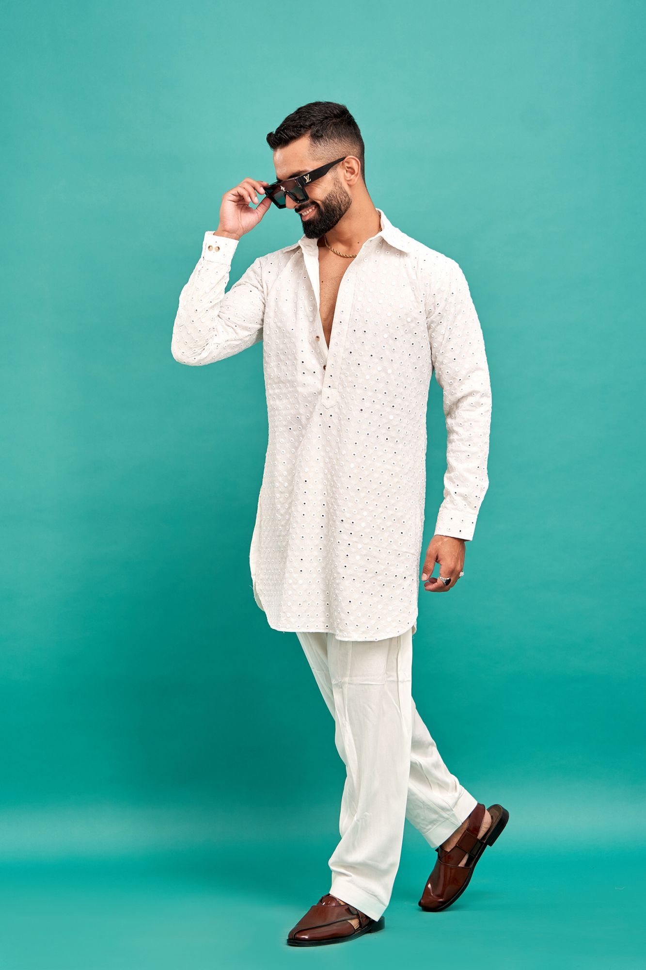 Mirror Work Kurta In White