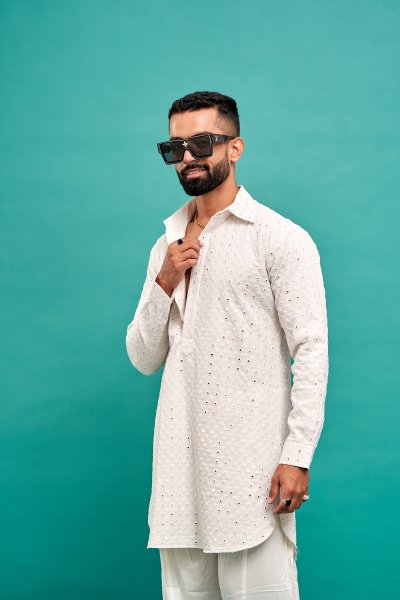 Mirror Work Kurta In White