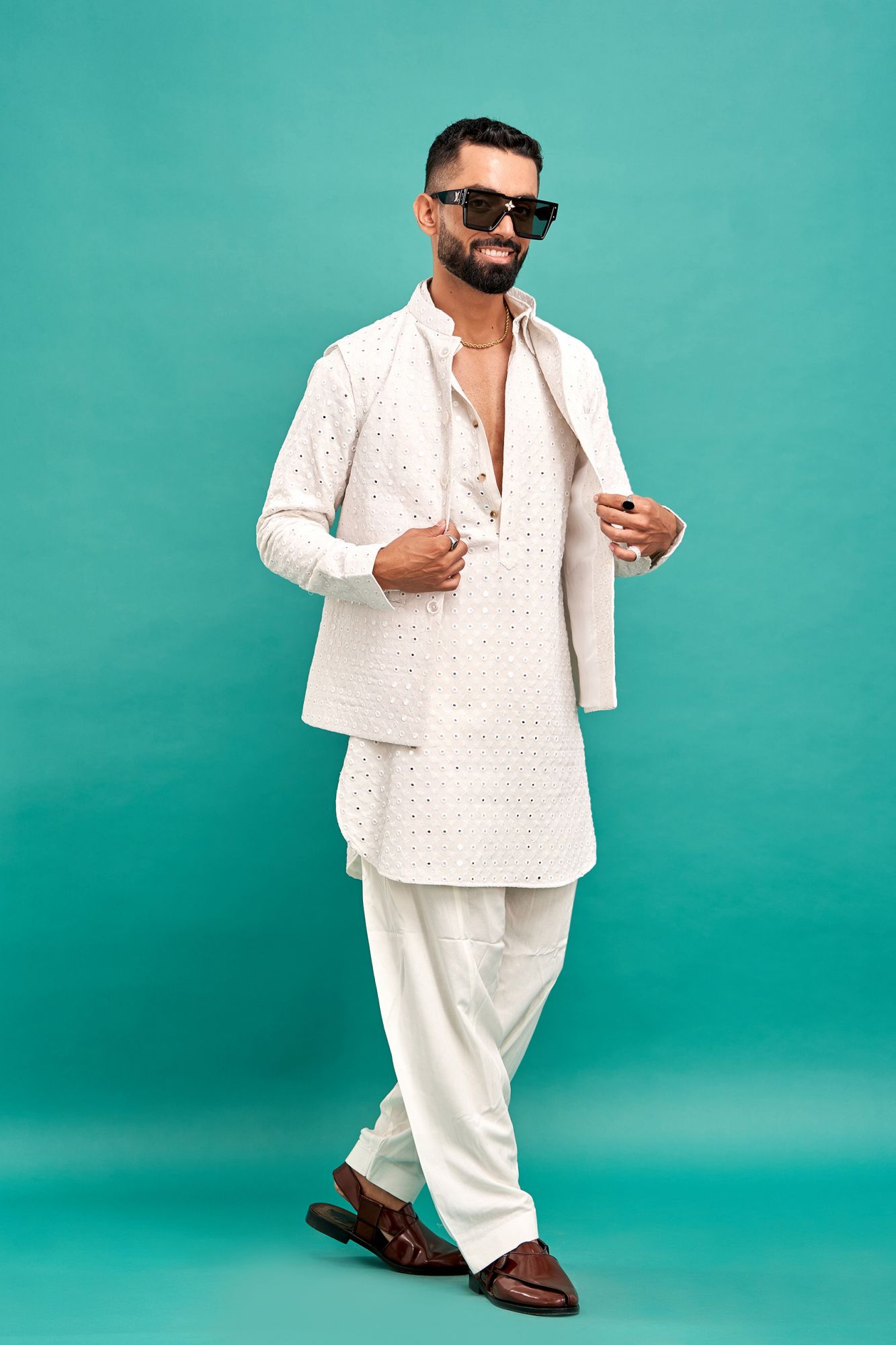 Mirror Work Kurta In White