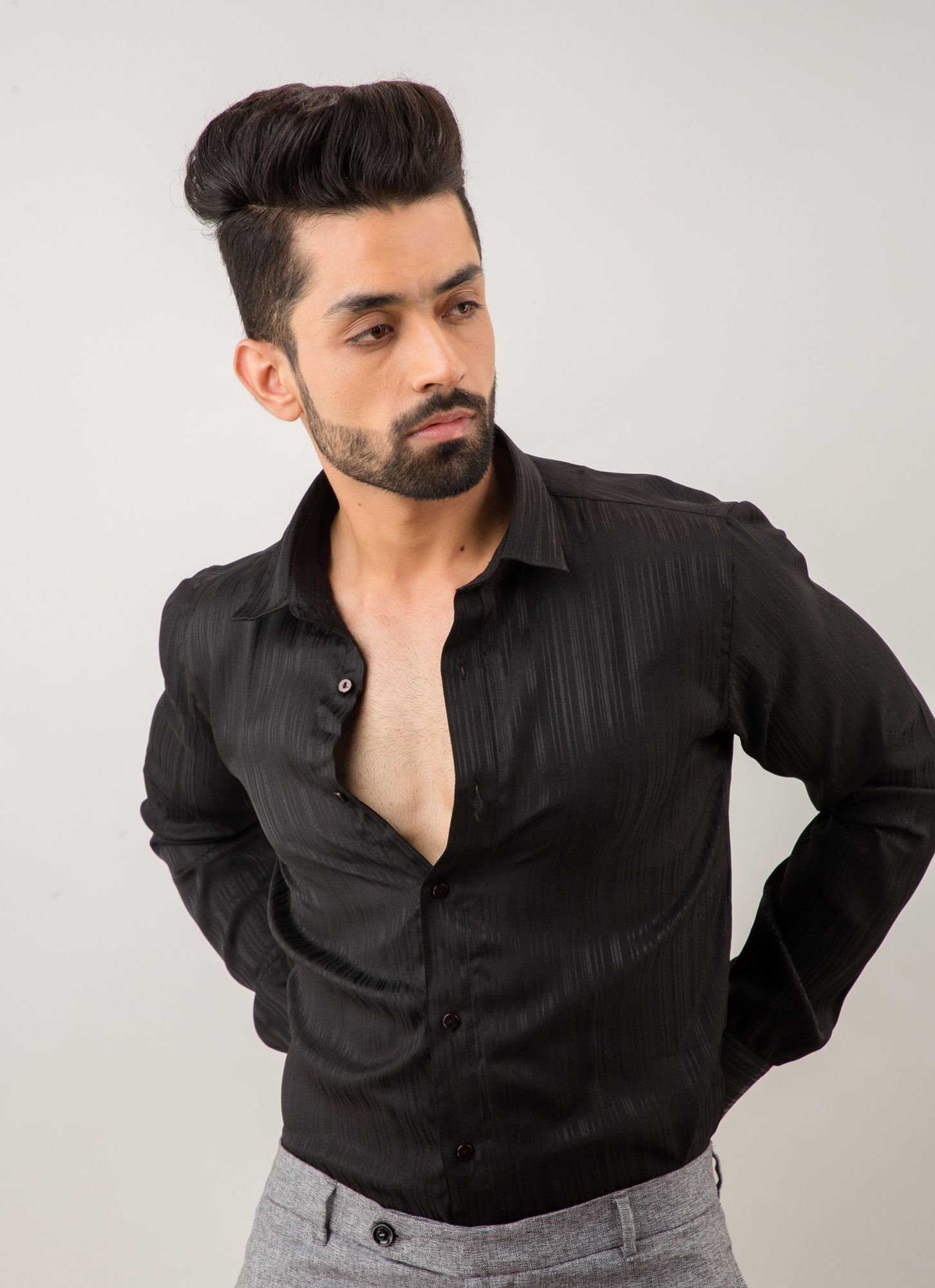 Mens Formal Shirt in Black Self Stripes