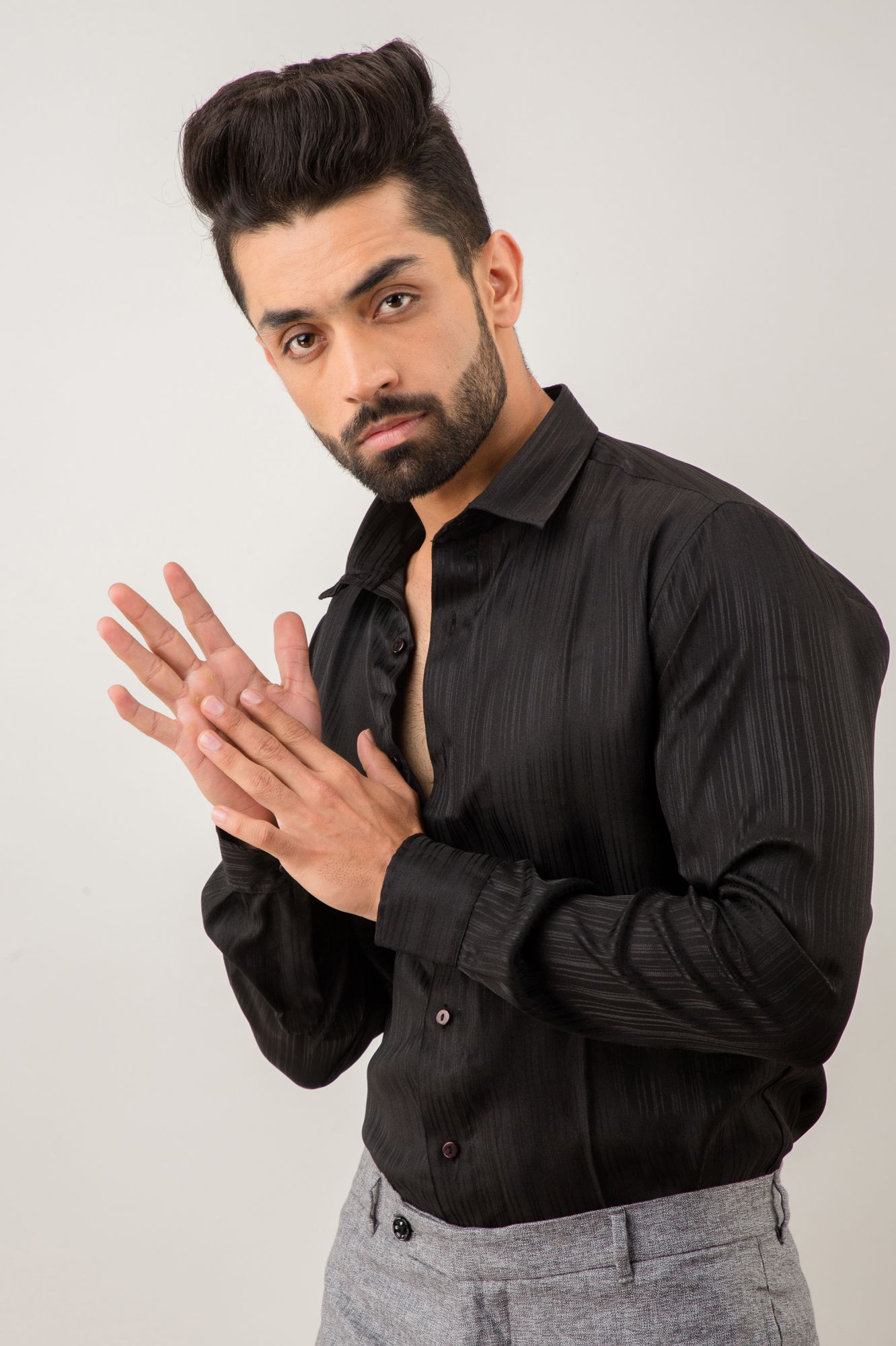 Mens Formal Shirt in Black Self Stripes