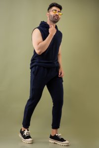 Off-Sleeve Hoodie In Navy Blue