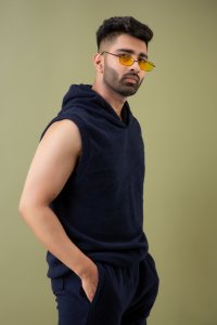 Off-Sleeve Hoodie In Navy Blue