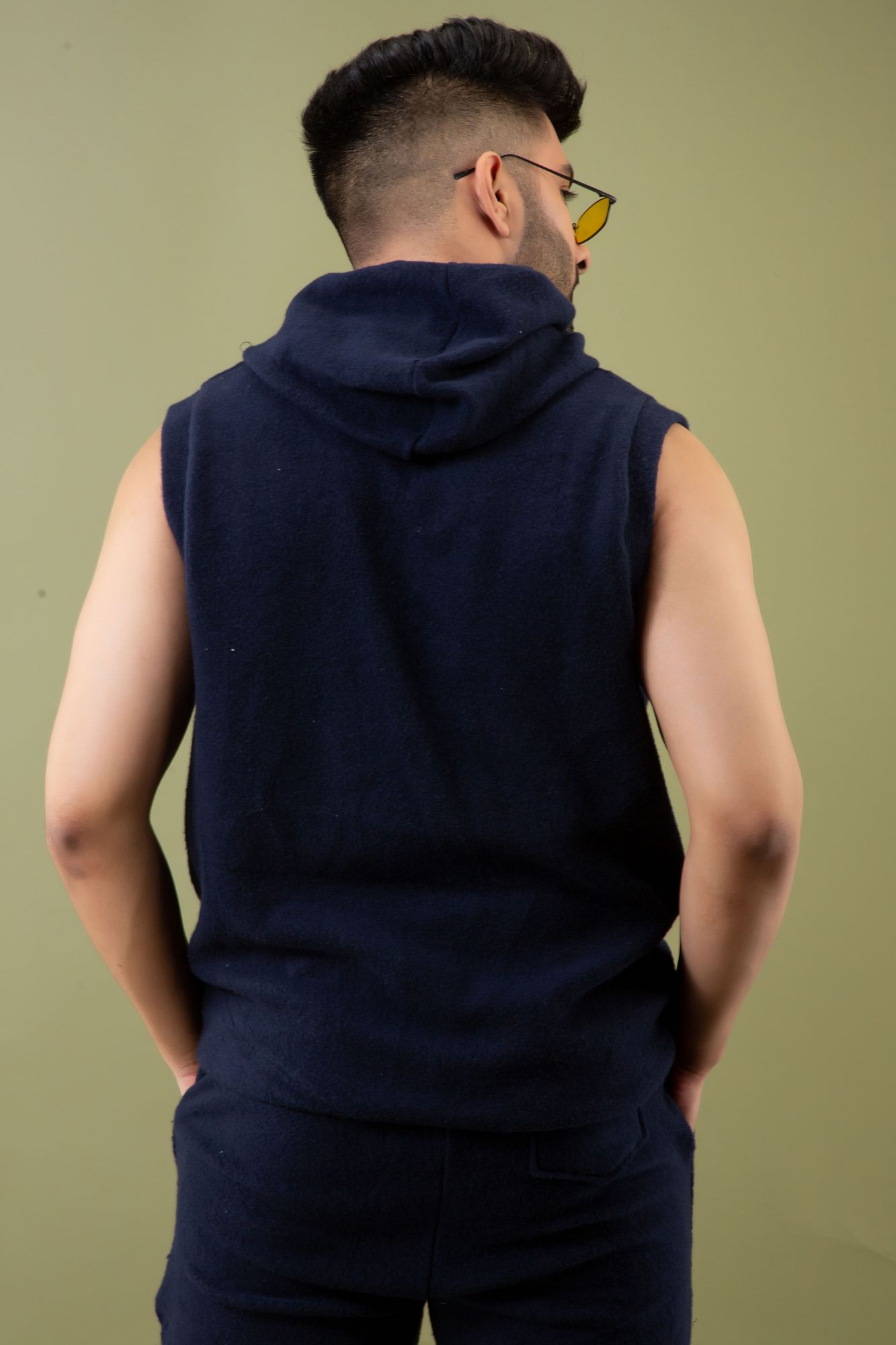 Off-Sleeve Hoodie In Navy Blue