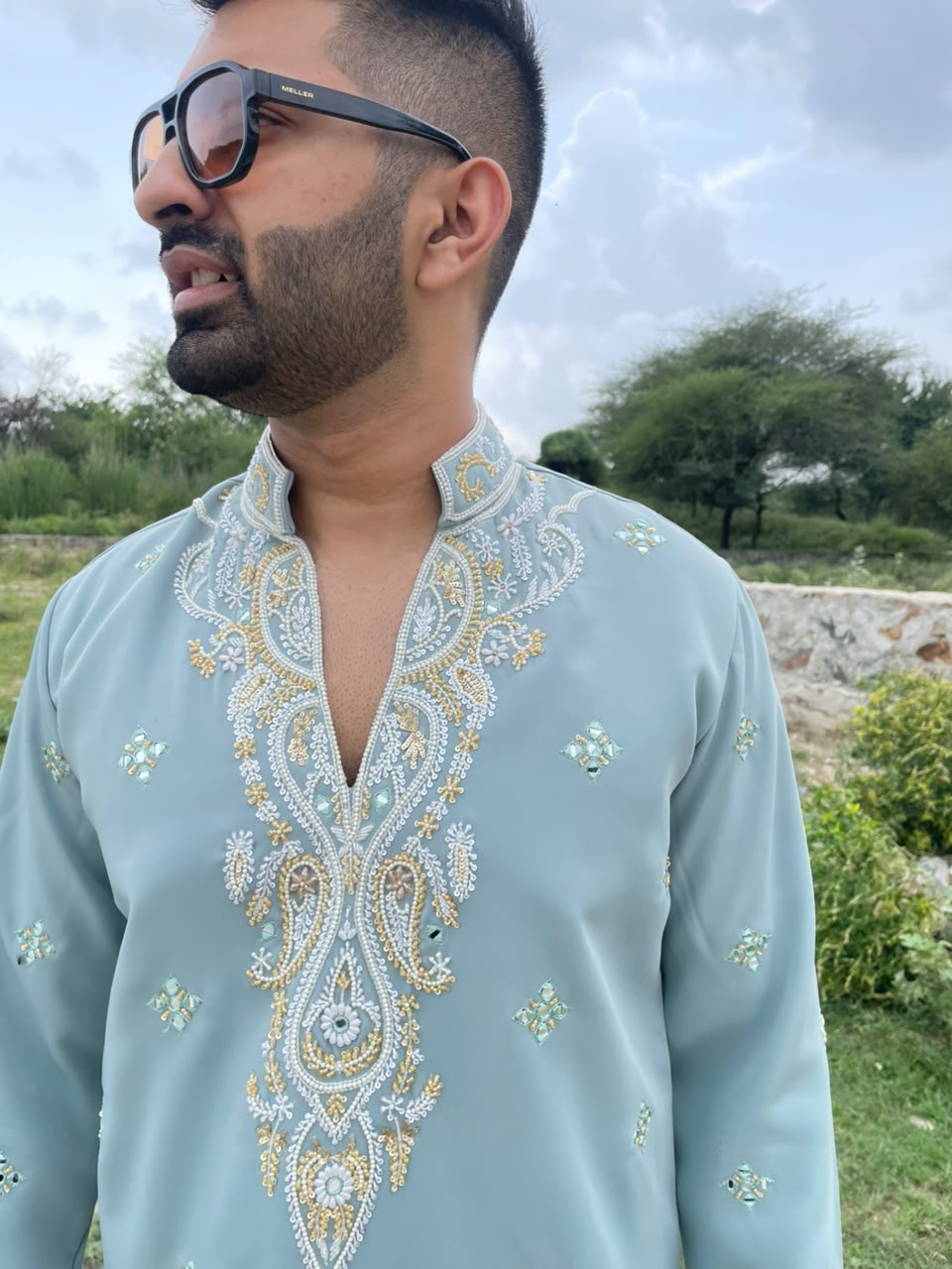 Hand Embroidered Japanese Kurta In Mint