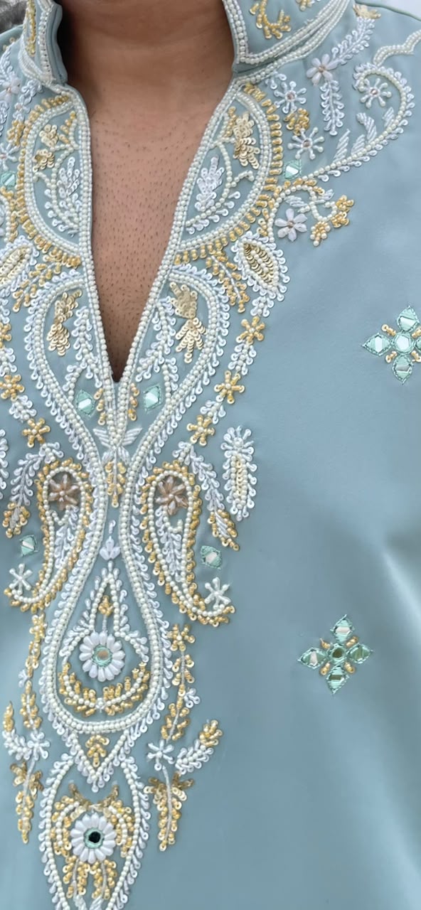 Hand Embroidered Japanese Kurta In Mint