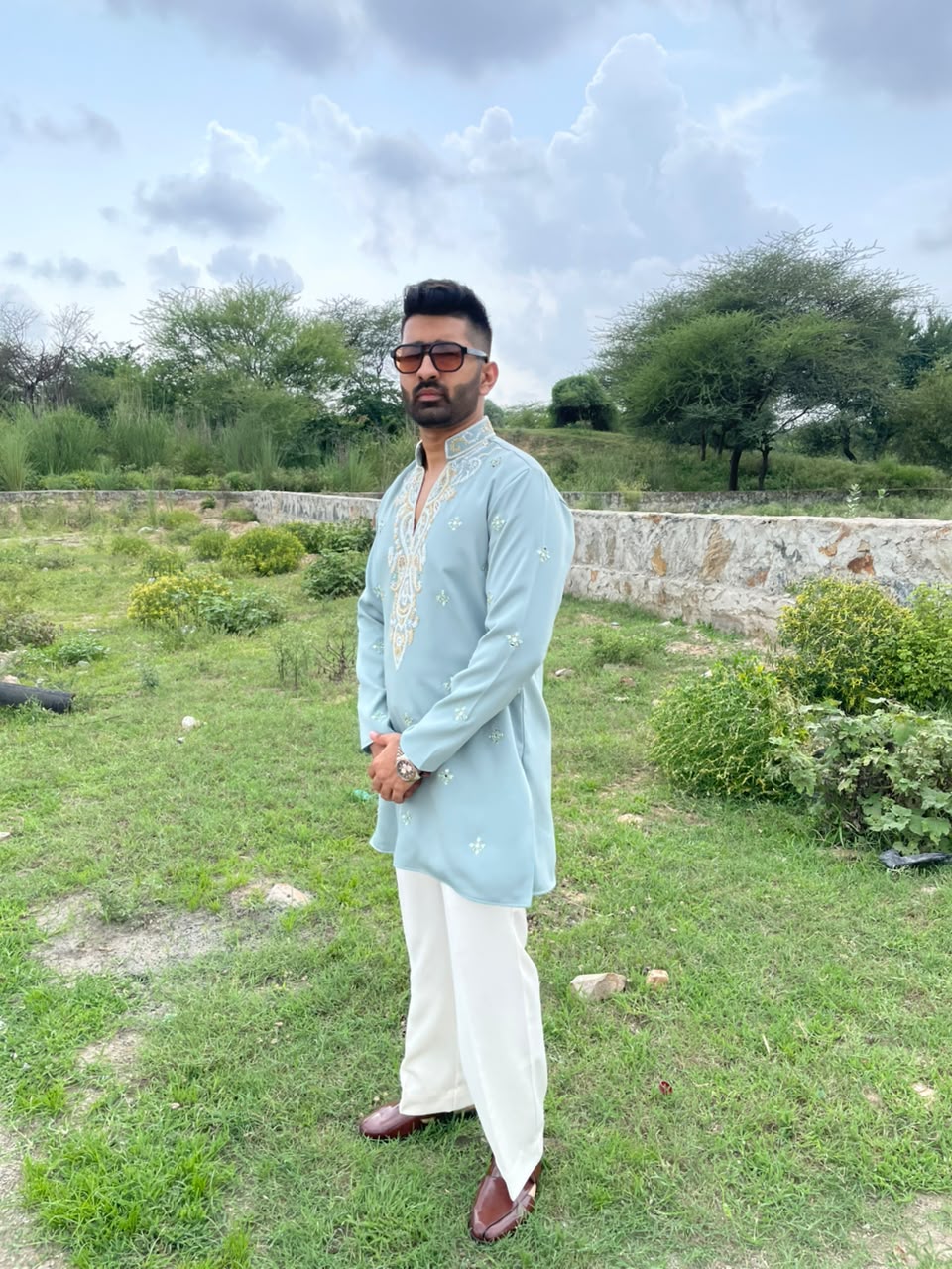 Hand Embroidered Japanese Kurta In Mint