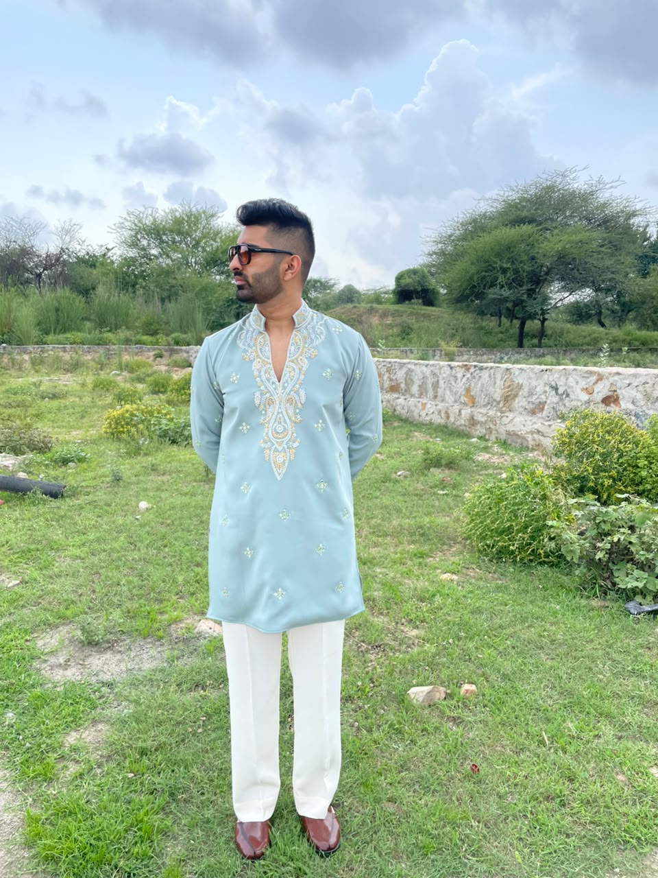 Hand Embroidered Japanese Kurta In Mint