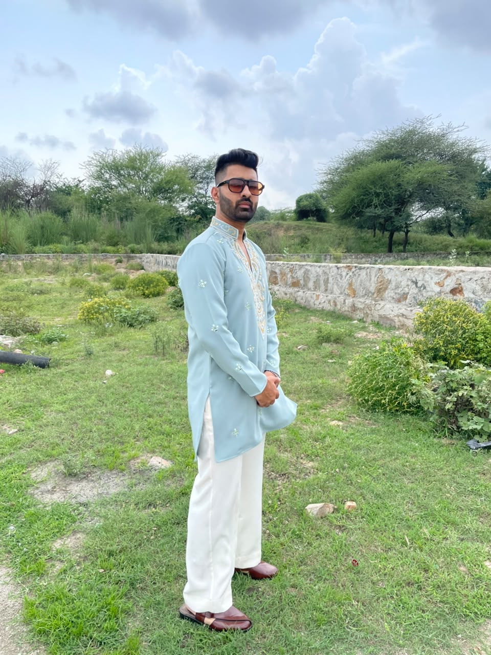 Hand Embroidered Japanese Kurta In Mint