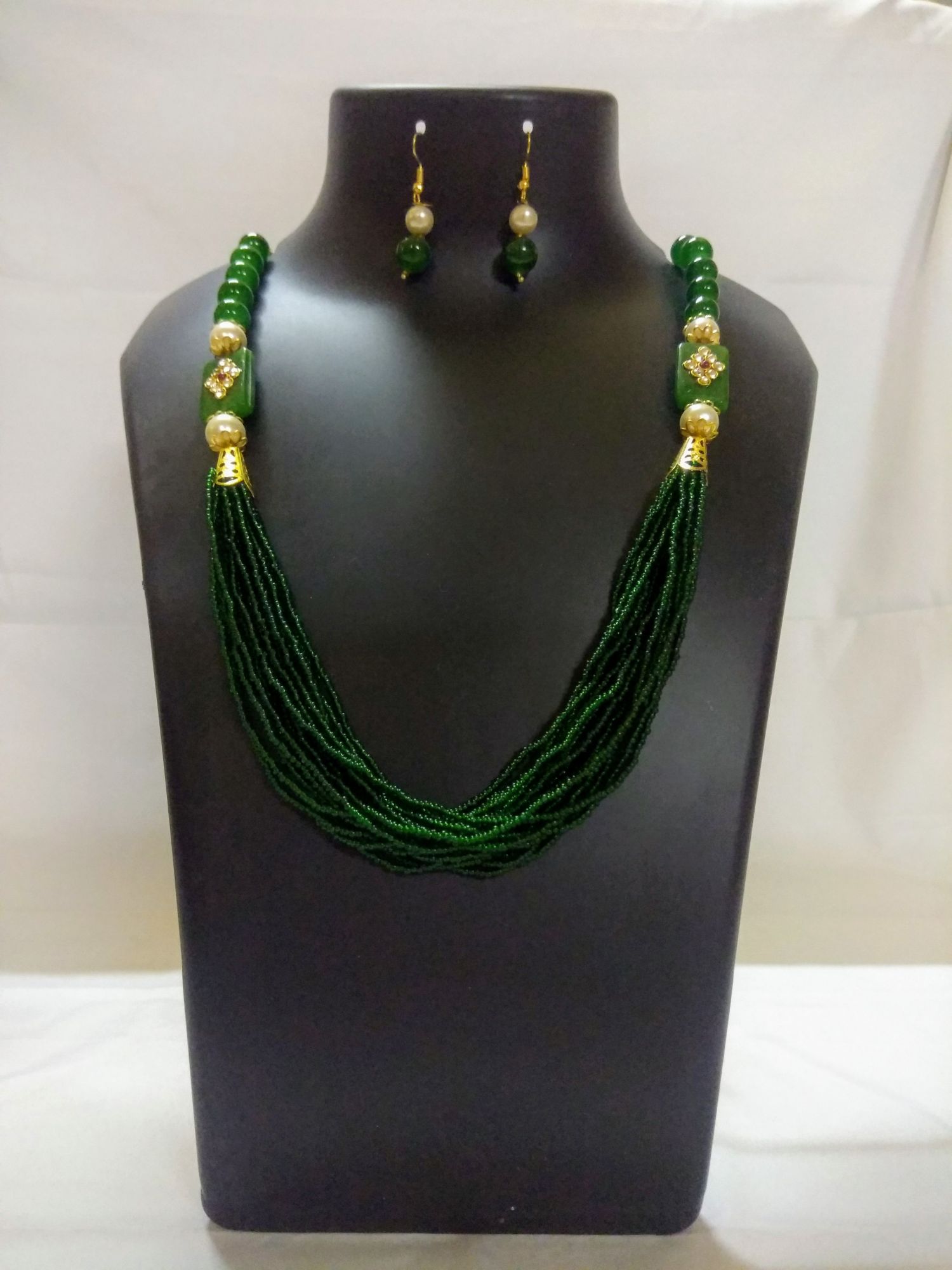 Rajasthani Beads Traditional Green Necklace Set with Earrings