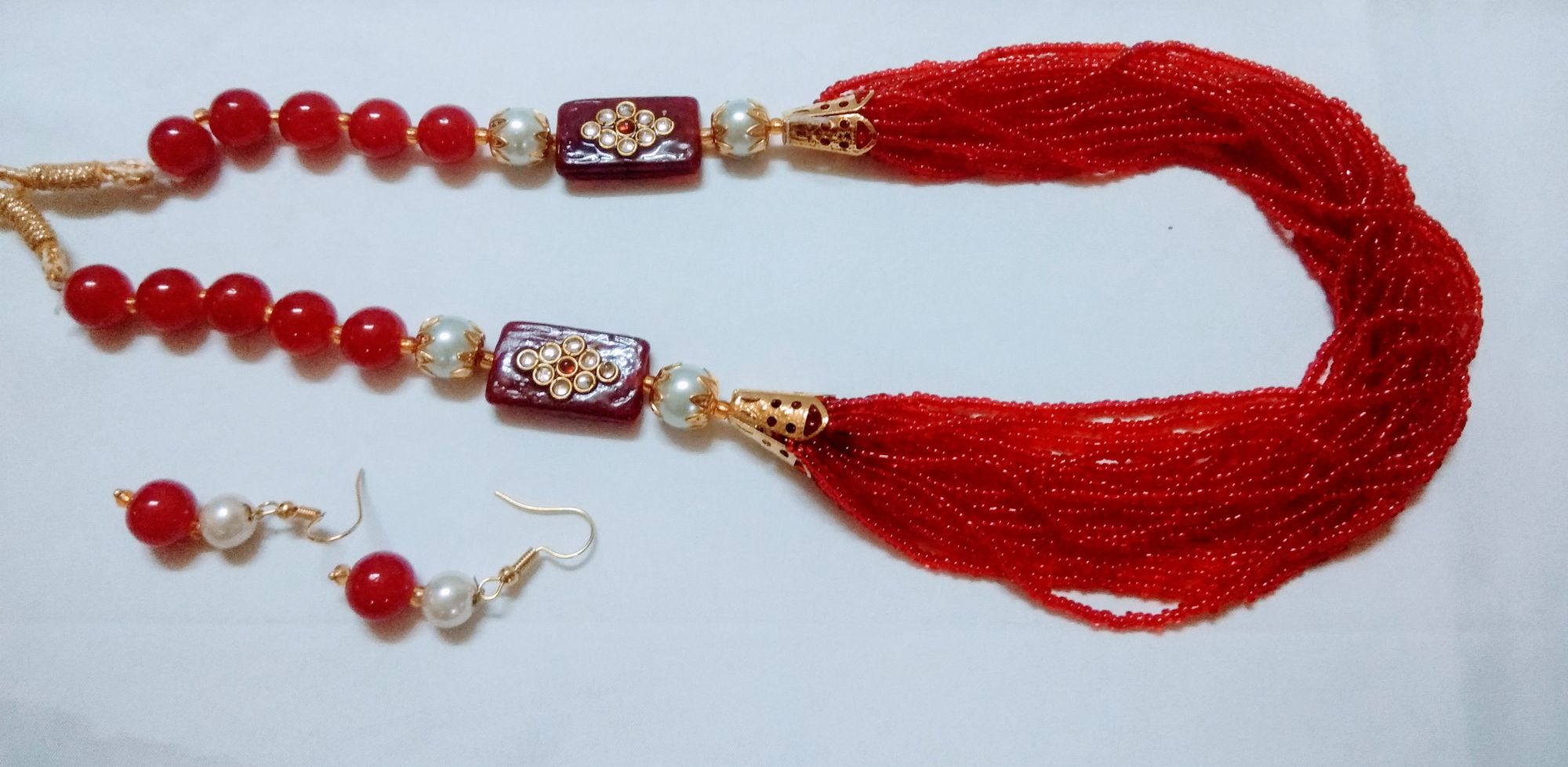 Rajasthani Beads Traditional Red Necklace Set with Earrings