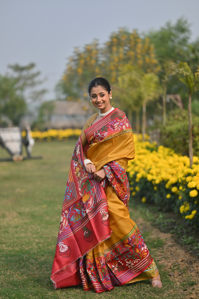 Image of Pure Silk Kantha Stitch Saree