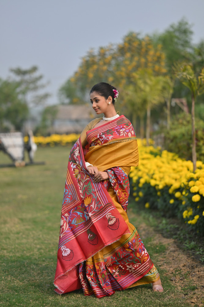 Pure Silk Kantha Stitch Saree