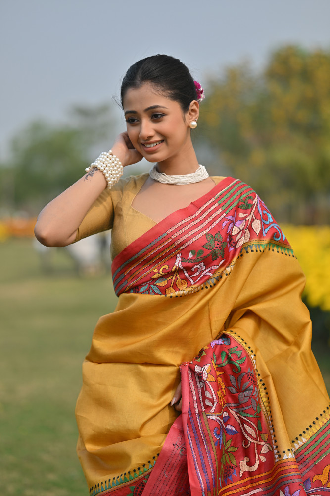 Pure Silk Kantha Stitch Saree