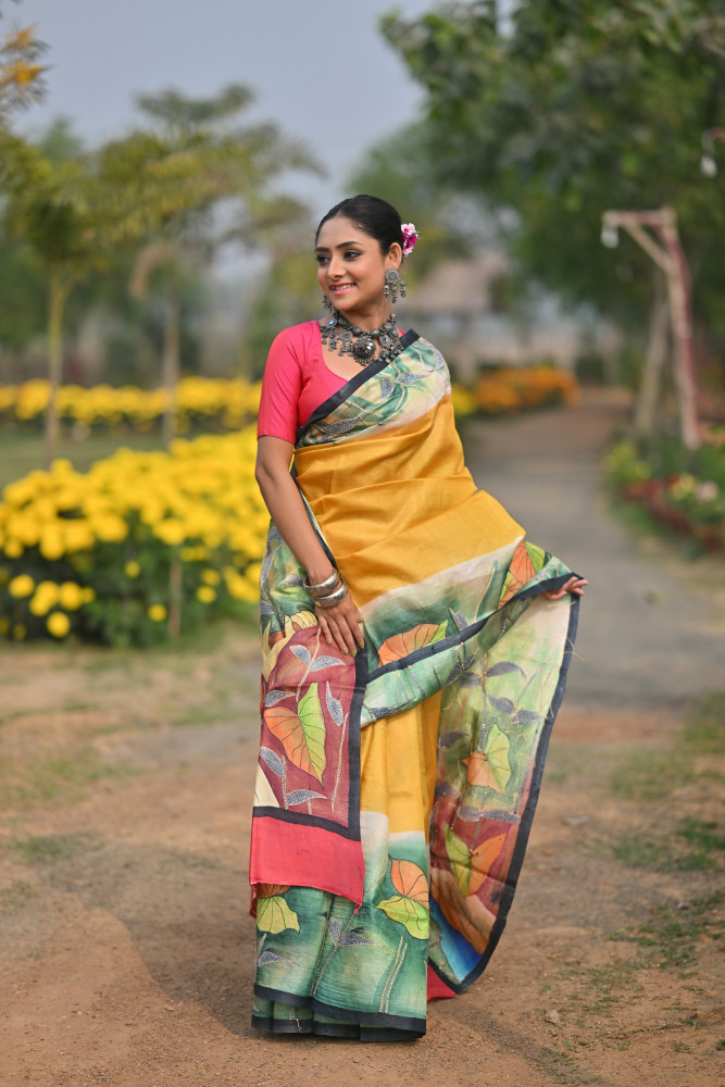 Image of Pure Silk Kantha Stitch Saree