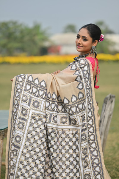 Pure Silk Kantha Stitch Saree