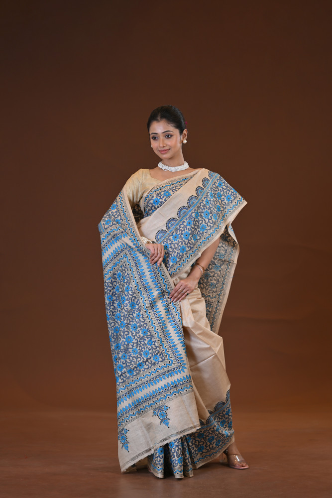 Pure Silk Kantha Stitch Saree