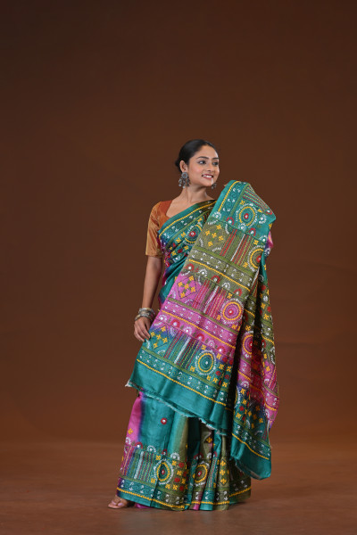 Tussar Silk Kantha Stitch Saree