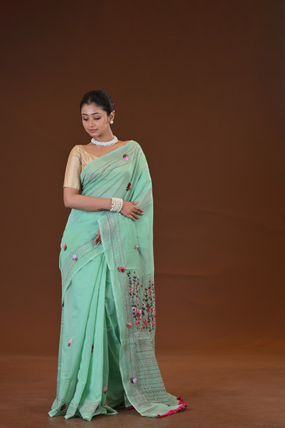 Tussar Silk Kantha Stitch Saree