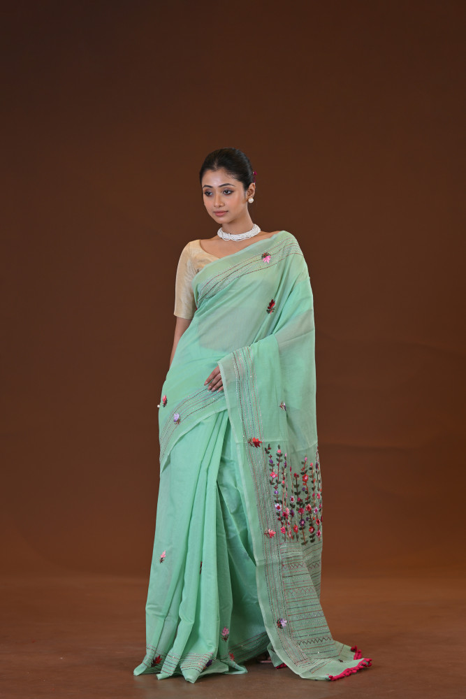 Tussar Silk Kantha Stitch Saree