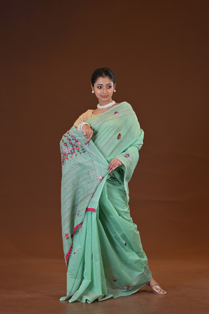 Tussar Silk Kantha Stitch Saree
