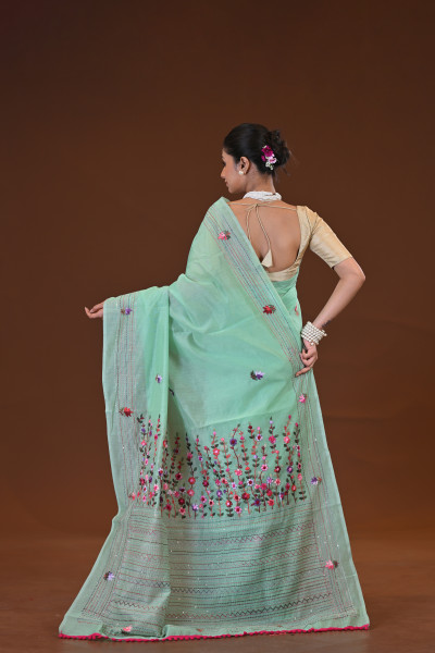 Tussar Silk Kantha Stitch Saree