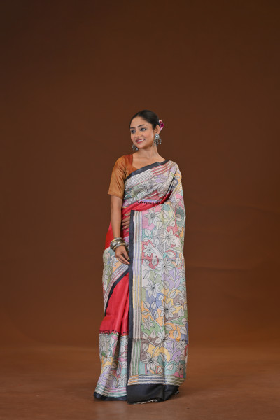 Tussar Silk Kantha Stitch Saree