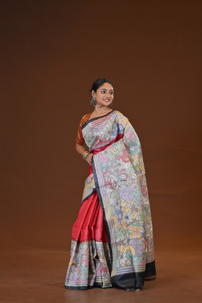 Tussar Silk Kantha Stitch Saree