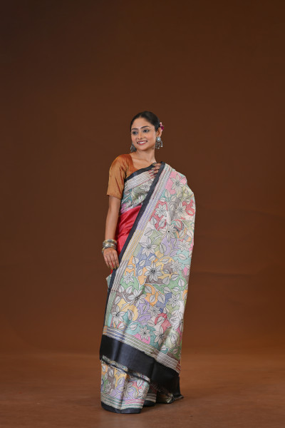 Tussar Silk Kantha Stitch Saree
