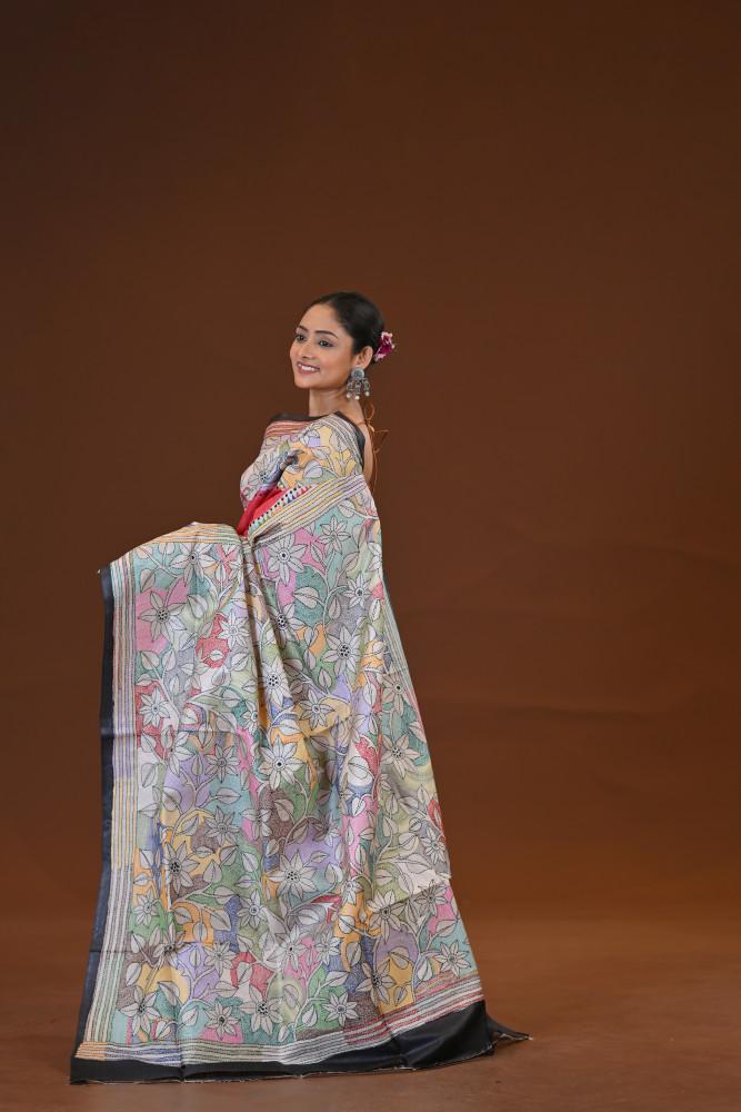 Tussar Silk Kantha Stitch Saree