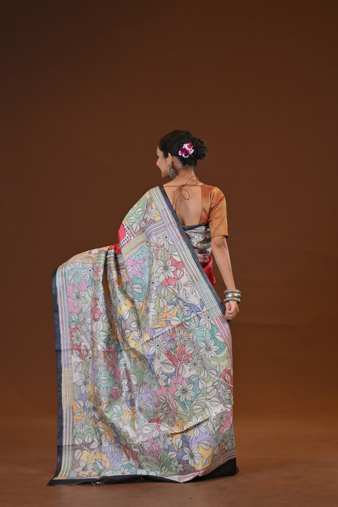 Tussar Silk Kantha Stitch Saree