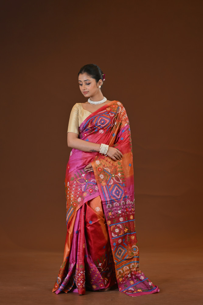 Tussar Silk Kantha Stitch Saree