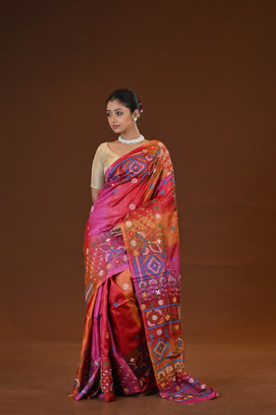 Tussar Silk Kantha Stitch Saree