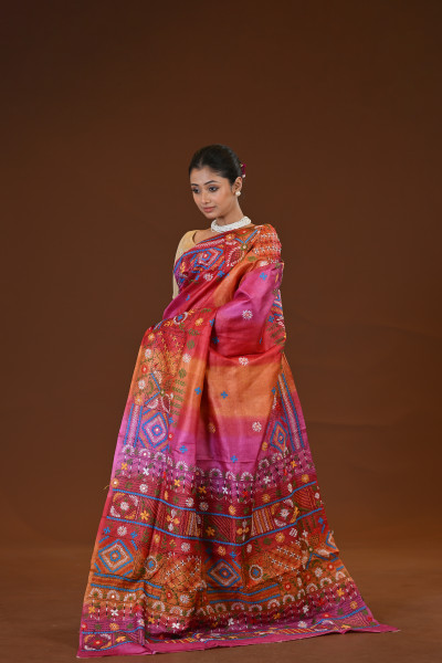 Tussar Silk Kantha Stitch Saree