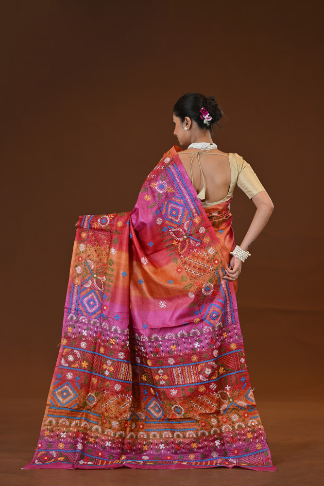 Tussar Silk Kantha Stitch Saree