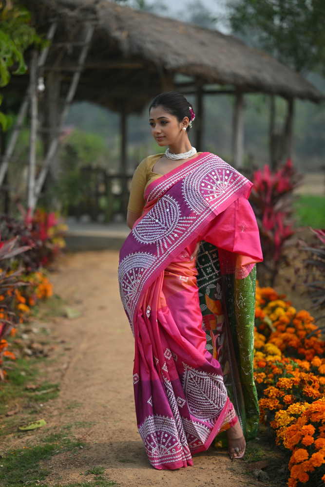 Image of Pure Silk Kantha Stitch Saree