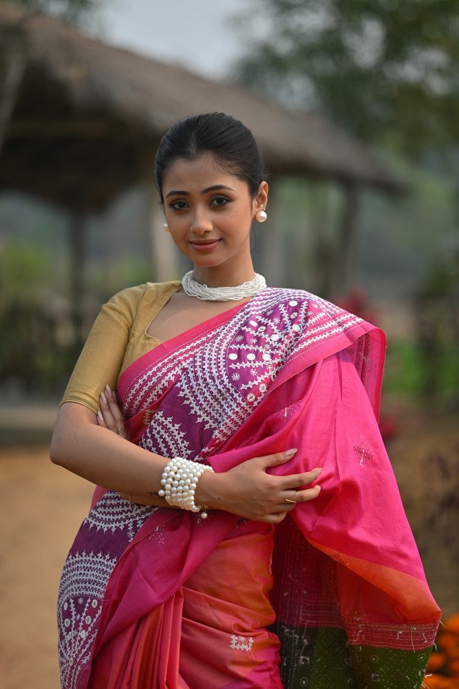 Pure Silk Kantha Stitch Saree