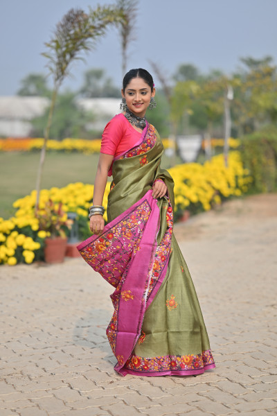Tussar Silk Kantha Stitch Saree