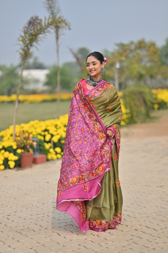 Tussar Silk Kantha Stitch Saree