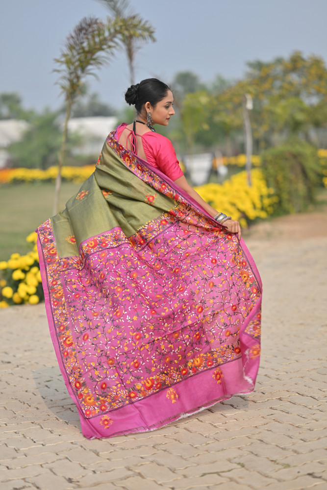 Tussar Silk Kantha Stitch Saree