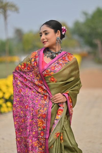 Tussar Silk Kantha Stitch Saree