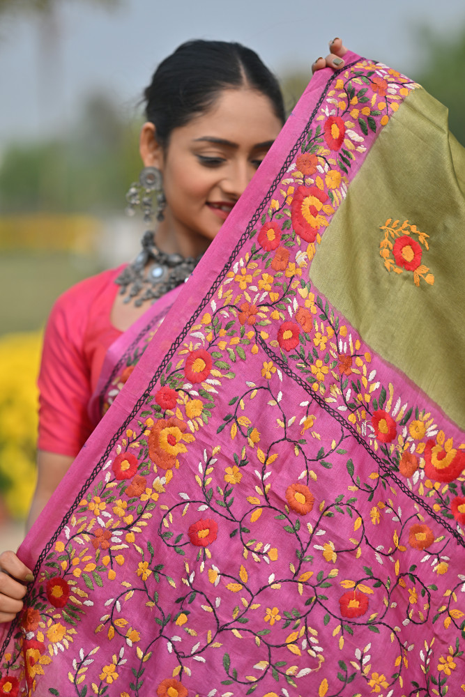 Tussar Silk Kantha Stitch Saree