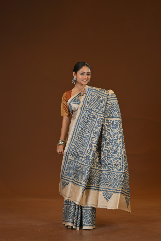 Image of Pure Silk Kantha Stitch Saree